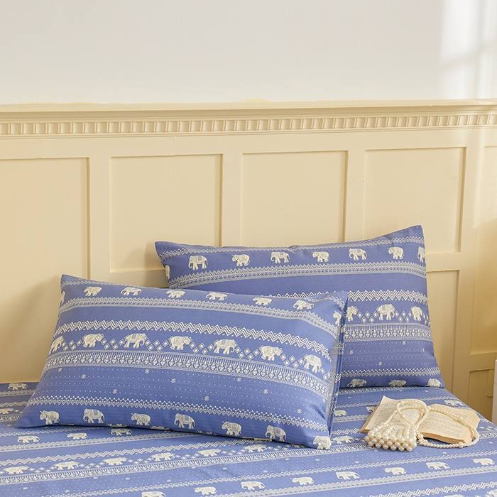 91家纺网 家纺一手货源 找家纺 青泽家纺 2025年新款老粗布床单原棉三枚缎卡老粗布凉席三件套亚麻棉麻床单枕套 蓝条小象