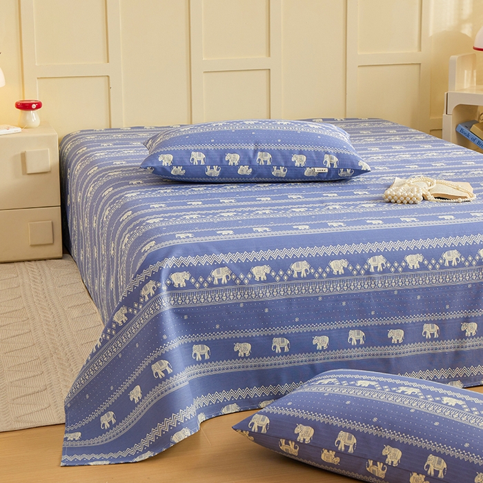 91家纺网 家纺一手货源 找家纺 青泽家纺 2025年新款老粗布床单原棉三枚缎卡老粗布凉席三件套亚麻棉麻床单枕套 蓝条小象