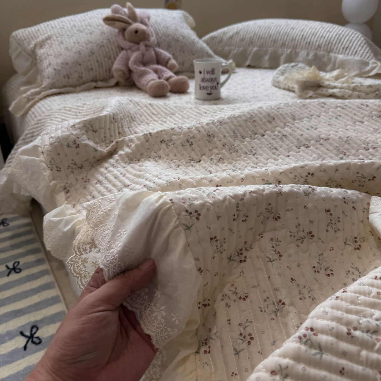 91家纺网 家纺一手货源 找家纺 一加一 2025新款全棉纯棉双层纱田园风单床盖床盖单件单品床盖 果然花香