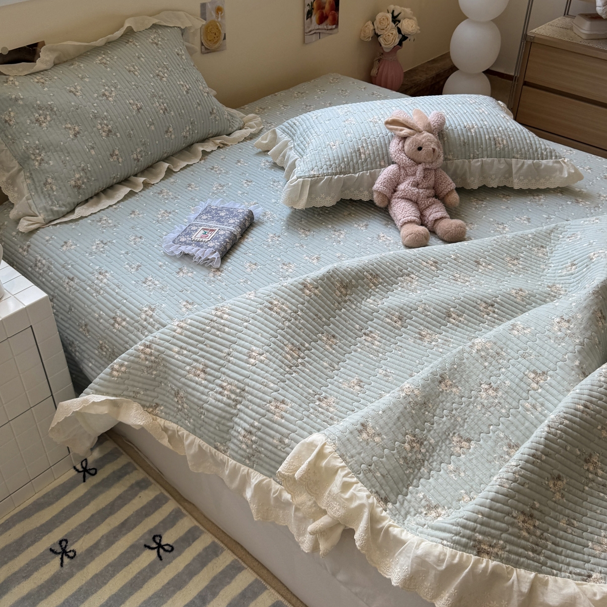 91家纺网 家纺一手货源 找家纺 一加一 2025新款全棉纯棉双层纱田园风单床盖床盖单件单品床盖 浮沉未央-绿