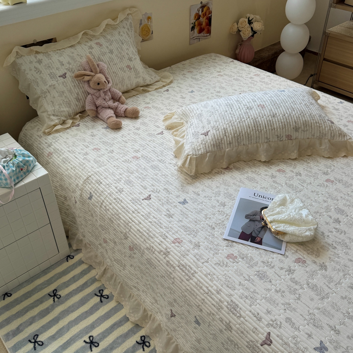 91家纺网 家纺一手货源 找家纺 一加一 2025新款全棉纯棉双层纱田园风单床盖床盖单件单品床盖 画棠春