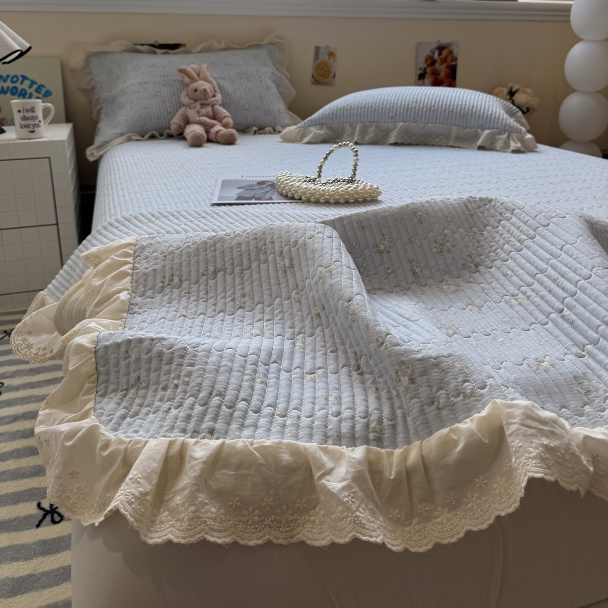 91家纺网 家纺一手货源 找家纺 一加一 2025新款全棉纯棉双层纱田园风单床盖床盖单件单品床盖 玲兰铛-兰