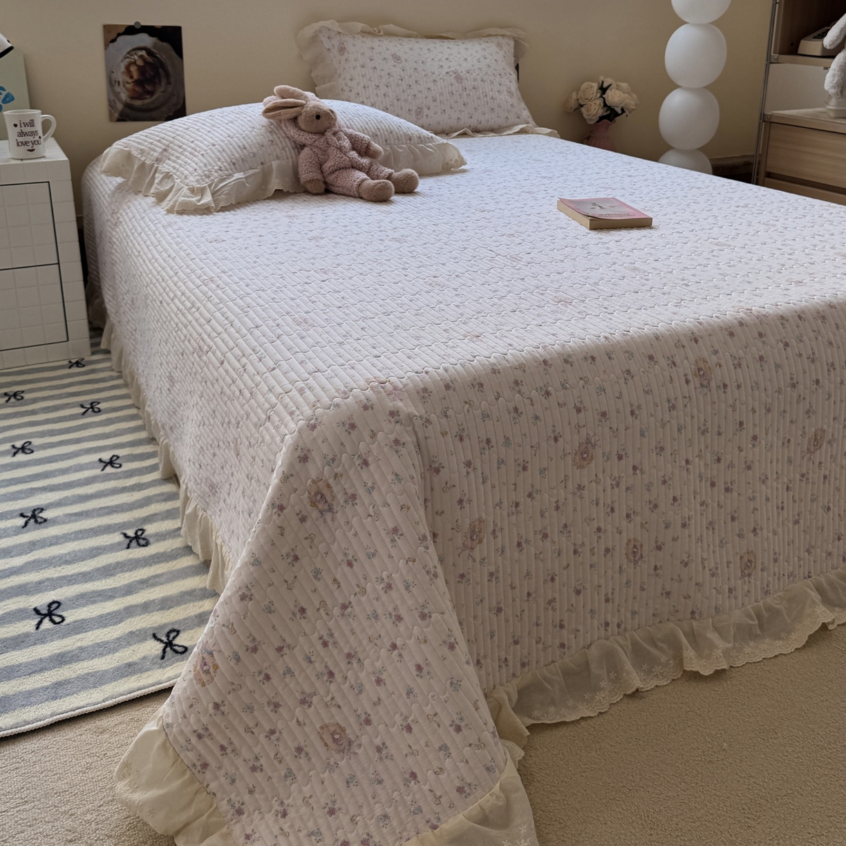 91家纺网 家纺一手货源 找家纺 一加一 2025新款全棉纯棉双层纱田园风单床盖床盖单件单品床盖 兰絮-粉