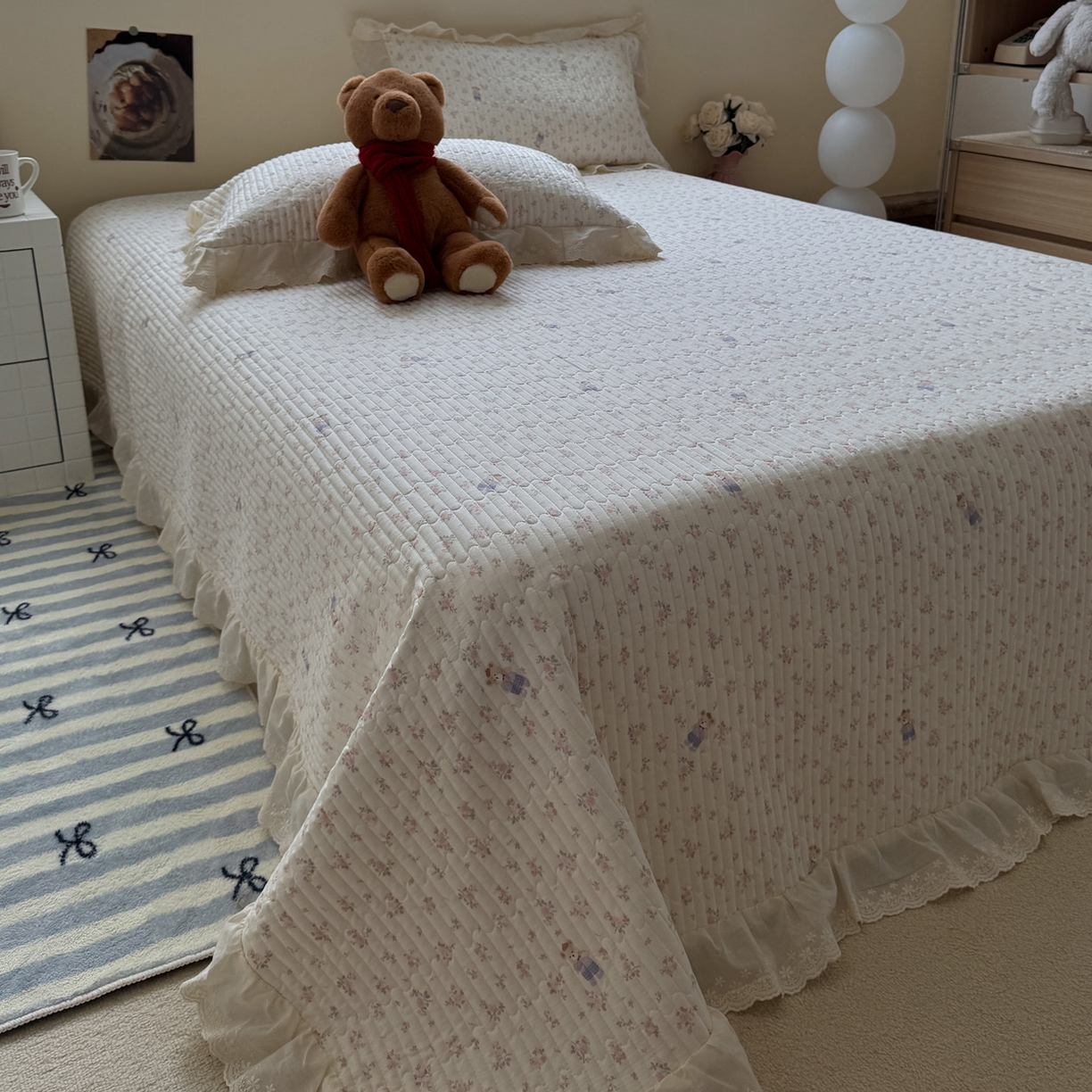 91家纺网 家纺一手货源 找家纺 一加一 2025新款全棉纯棉双层纱田园风单床盖床盖单件单品床盖 钥匙珊瑚