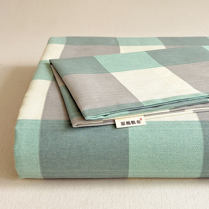 91家纺网 家纺一手货源 找家纺 青泽家纺 2025年新款老粗布床单原棉三枚缎卡老粗布凉席三件套亚麻棉麻床单枕套 绿大格