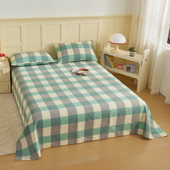 91家纺网 家纺一手货源 找家纺 青泽家纺 2025年新款老粗布床单原棉三枚缎卡老粗布凉席三件套亚麻棉麻床单枕套 绿大格