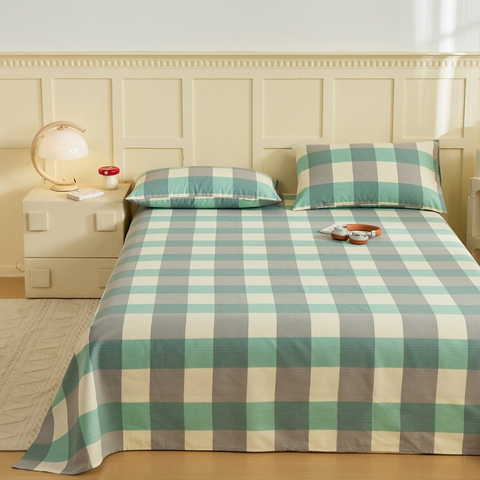 91家纺网 家纺一手货源 找家纺 青泽家纺 2025年新款老粗布床单原棉三枚缎卡老粗布凉席三件套亚麻棉麻床单枕套 绿大格