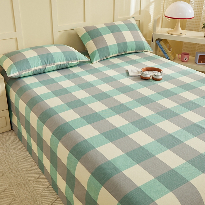 91家纺网 家纺一手货源 找家纺 青泽家纺 2025年新款老粗布床单原棉三枚缎卡老粗布凉席三件套亚麻棉麻床单枕套 绿大格