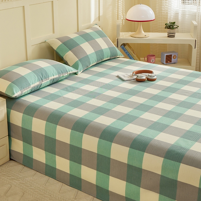 91家纺网 家纺一手货源 找家纺 青泽家纺 2025年新款老粗布床单原棉三枚缎卡老粗布凉席三件套亚麻棉麻床单枕套 绿大格