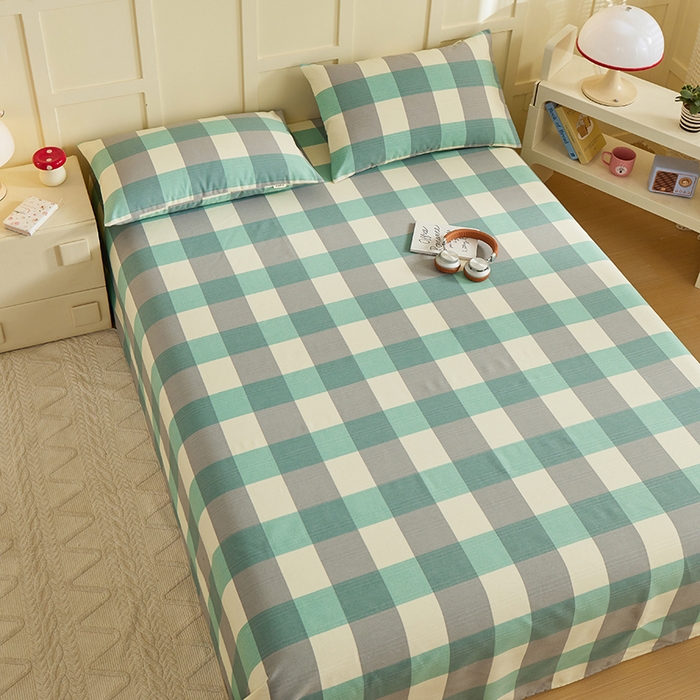 91家纺网 家纺一手货源 找家纺 青泽家纺 2025年新款老粗布床单原棉三枚缎卡老粗布凉席三件套亚麻棉麻床单枕套 绿大格