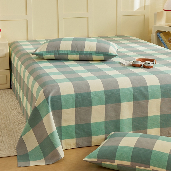 91家纺网 家纺一手货源 找家纺 青泽家纺 2025年新款老粗布床单原棉三枚缎卡老粗布凉席三件套亚麻棉麻床单枕套 绿大格