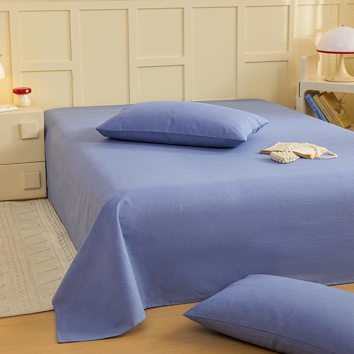 91家纺网 家纺一手货源 找家纺 青泽家纺 2025年新款老粗布床单原棉三枚缎卡老粗布凉席三件套亚麻棉麻床单枕套 深海蓝