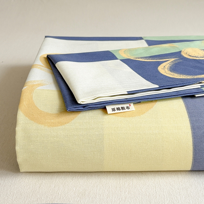 91家纺网 家纺一手货源 找家纺 青泽家纺 2025年新款老粗布床单原棉三枚缎卡老粗布凉席三件套亚麻棉麻床单枕套 时光花语