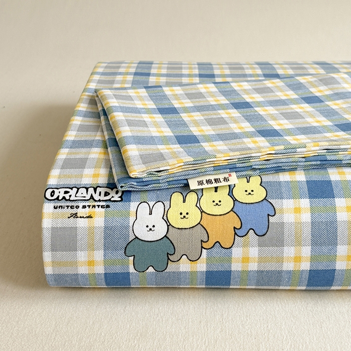 91家纺网 家纺一手货源 找家纺 青泽家纺 2025年新款老粗布床单原棉三枚缎卡老粗布凉席三件套亚麻棉麻床单枕套 小熊彩格