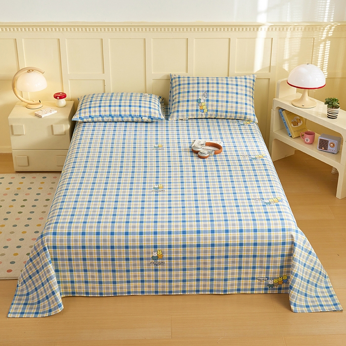 91家纺网 家纺一手货源 找家纺 青泽家纺 2025年新款老粗布床单原棉三枚缎卡老粗布凉席三件套亚麻棉麻床单枕套 小熊彩格