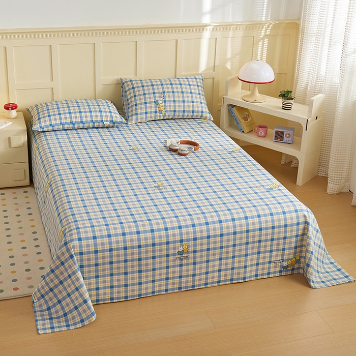 91家纺网 家纺一手货源 找家纺 青泽家纺 2025年新款老粗布床单原棉三枚缎卡老粗布凉席三件套亚麻棉麻床单枕套 小熊彩格