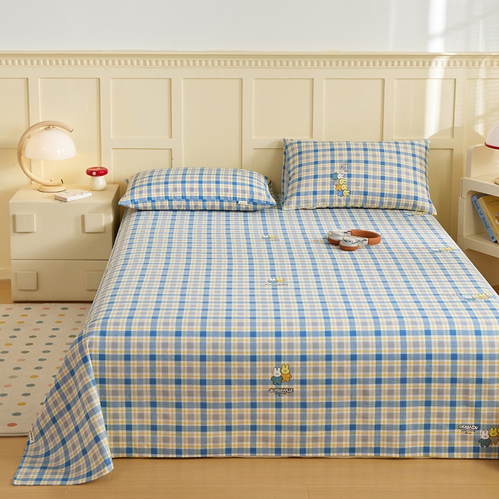 91家纺网 家纺一手货源 找家纺 青泽家纺 2025年新款老粗布床单原棉三枚缎卡老粗布凉席三件套亚麻棉麻床单枕套 小熊彩格