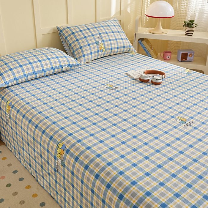 91家纺网 家纺一手货源 找家纺 青泽家纺 2025年新款老粗布床单原棉三枚缎卡老粗布凉席三件套亚麻棉麻床单枕套 小熊彩格