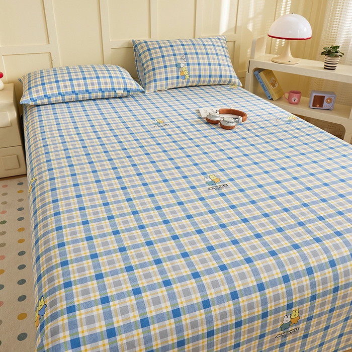 91家纺网 家纺一手货源 找家纺 青泽家纺 2025年新款老粗布床单原棉三枚缎卡老粗布凉席三件套亚麻棉麻床单枕套 小熊彩格