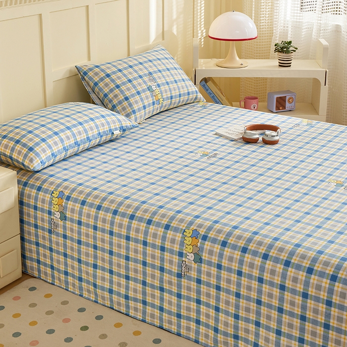 91家纺网 家纺一手货源 找家纺 青泽家纺 2025年新款老粗布床单原棉三枚缎卡老粗布凉席三件套亚麻棉麻床单枕套 小熊彩格