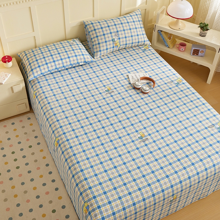 91家纺网 家纺一手货源 找家纺 青泽家纺 2025年新款老粗布床单原棉三枚缎卡老粗布凉席三件套亚麻棉麻床单枕套 小熊彩格