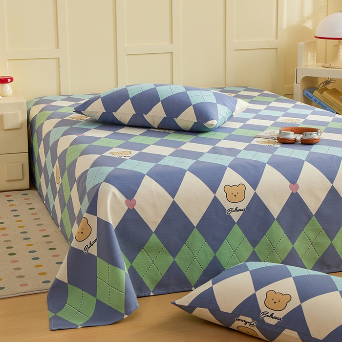 91家纺网 家纺一手货源 找家纺 青泽家纺 2025年新款老粗布床单原棉三枚缎卡老粗布凉席三件套亚麻棉麻床单枕套 小熊棱格