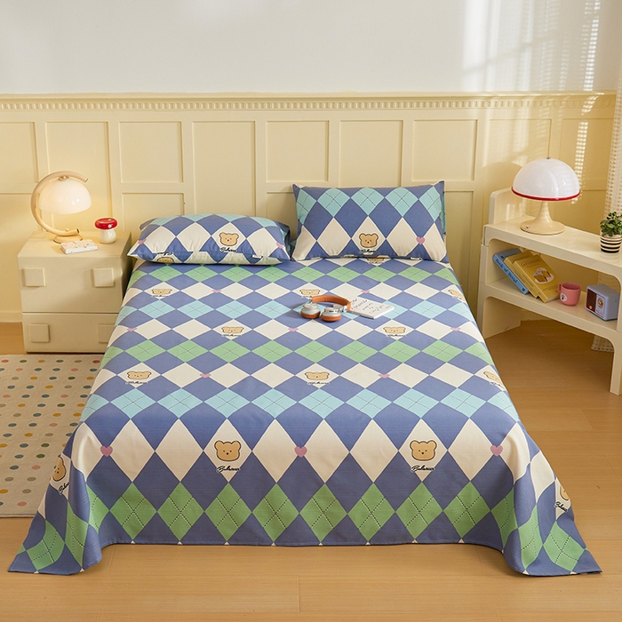 91家纺网 家纺一手货源 找家纺 青泽家纺 2025年新款老粗布床单原棉三枚缎卡老粗布凉席三件套亚麻棉麻床单枕套 小熊棱格