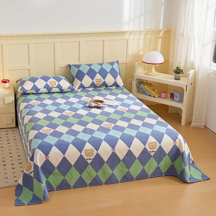 91家纺网 家纺一手货源 找家纺 青泽家纺 2025年新款老粗布床单原棉三枚缎卡老粗布凉席三件套亚麻棉麻床单枕套 小熊棱格