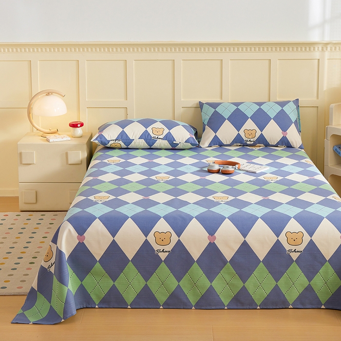 91家纺网 家纺一手货源 找家纺 青泽家纺 2025年新款老粗布床单原棉三枚缎卡老粗布凉席三件套亚麻棉麻床单枕套 小熊棱格