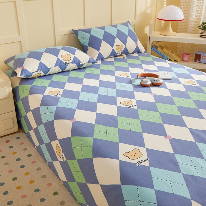 91家纺网 家纺一手货源 找家纺 青泽家纺 2025年新款老粗布床单原棉三枚缎卡老粗布凉席三件套亚麻棉麻床单枕套 小熊棱格