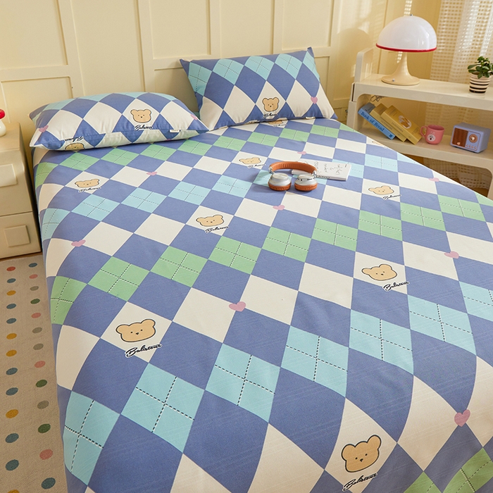 91家纺网 家纺一手货源 找家纺 青泽家纺 2025年新款老粗布床单原棉三枚缎卡老粗布凉席三件套亚麻棉麻床单枕套 小熊棱格