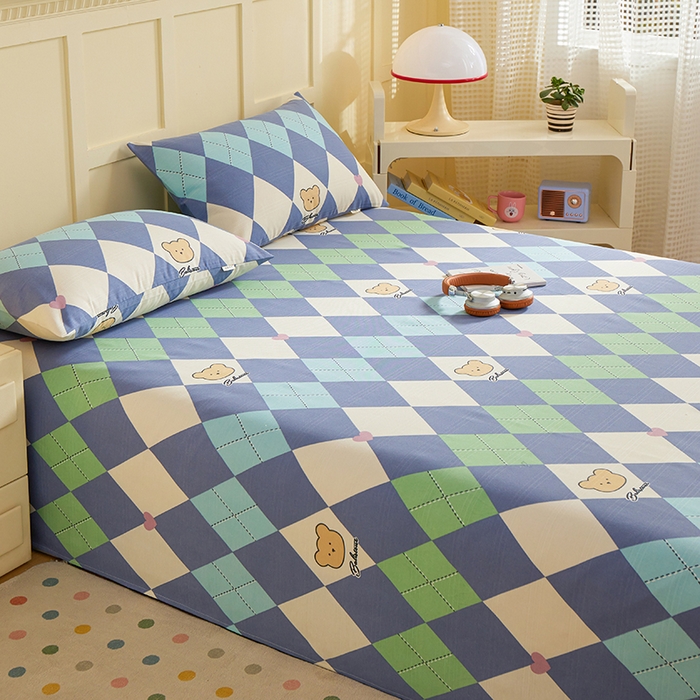 91家纺网 家纺一手货源 找家纺 青泽家纺 2025年新款老粗布床单原棉三枚缎卡老粗布凉席三件套亚麻棉麻床单枕套 小熊棱格