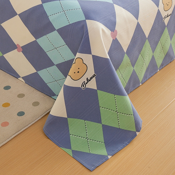 91家纺网 家纺一手货源 找家纺 青泽家纺 2025年新款老粗布床单原棉三枚缎卡老粗布凉席三件套亚麻棉麻床单枕套 小熊棱格