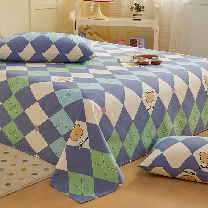 91家纺网 家纺一手货源 找家纺 青泽家纺 2025年新款老粗布床单原棉三枚缎卡老粗布凉席三件套亚麻棉麻床单枕套 小熊棱格