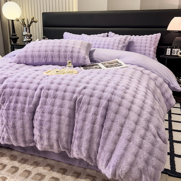 91家纺网 家纺一手货源 找家纺 摩妮卡 2025新款加厚大泡泡兔毛牛奶绒四件套 槿紫