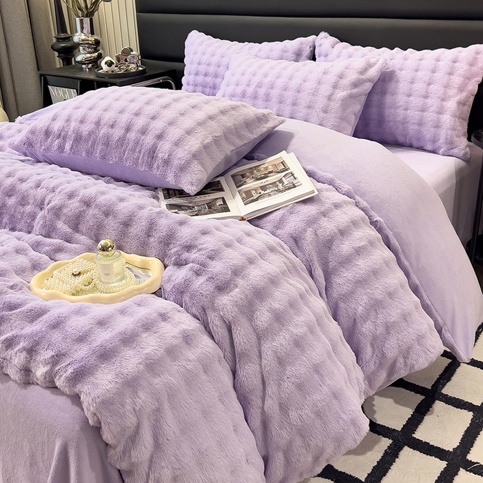 91家纺网 家纺一手货源 找家纺 摩妮卡 2025新款加厚大泡泡兔毛牛奶绒四件套 槿紫