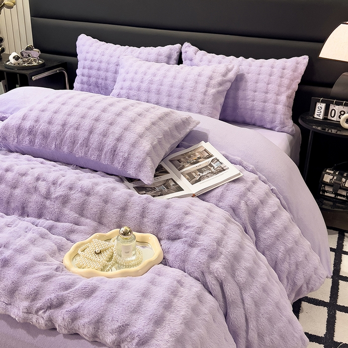 91家纺网 家纺一手货源 找家纺 摩妮卡 2025新款加厚大泡泡兔毛牛奶绒四件套 槿紫