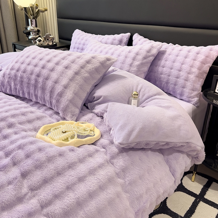 91家纺网 家纺一手货源 找家纺 摩妮卡 2025新款加厚大泡泡兔毛牛奶绒四件套 槿紫