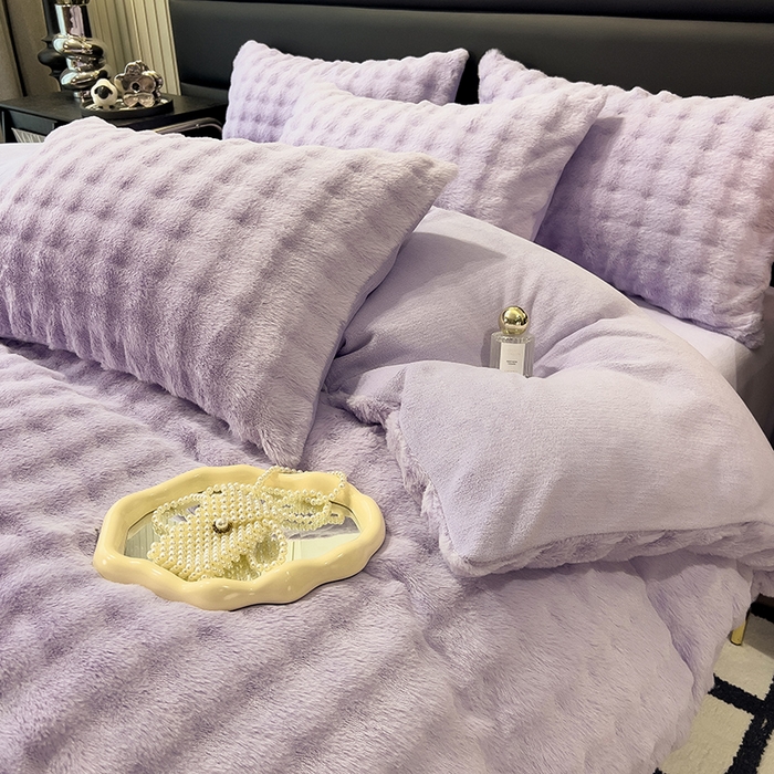91家纺网 家纺一手货源 找家纺 摩妮卡 2025新款加厚大泡泡兔毛牛奶绒四件套 槿紫