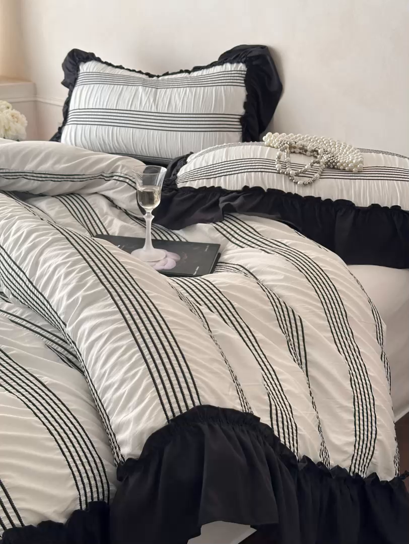 91家纺网 家纺一手货源 找家纺 （总）千希家纺 2025新款色织提花条纹泡泡纱四件套-莫奈庄园