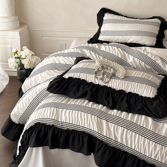 91家纺网 家纺一手货源 找家纺 （总）千希家纺 2025新款色织提花条纹泡泡纱四件套-莫奈庄园