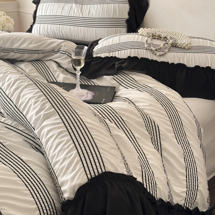 91家纺网 家纺一手货源 找家纺 （总）千希家纺 2025新款色织提花条纹泡泡纱四件套-莫奈庄园