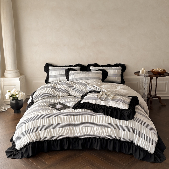 91家纺网 家纺一手货源 找家纺 （总）千希家纺 2025新款色织提花条纹泡泡纱四件套-莫奈庄园