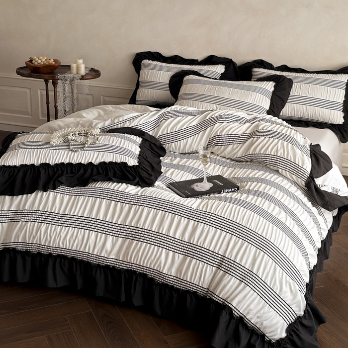 91家纺网 家纺一手货源 找家纺 （总）千希家纺 2025新款色织提花条纹泡泡纱四件套-莫奈庄园