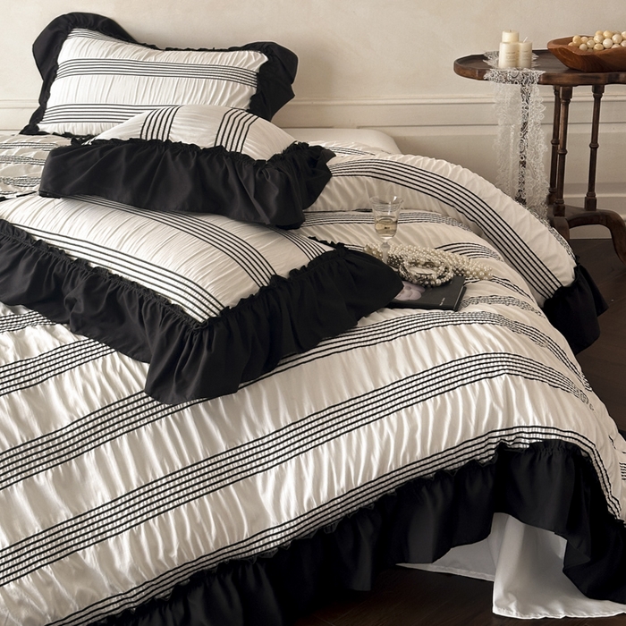 91家纺网 家纺一手货源 找家纺 （总）千希家纺 2025新款色织提花条纹泡泡纱四件套-莫奈庄园