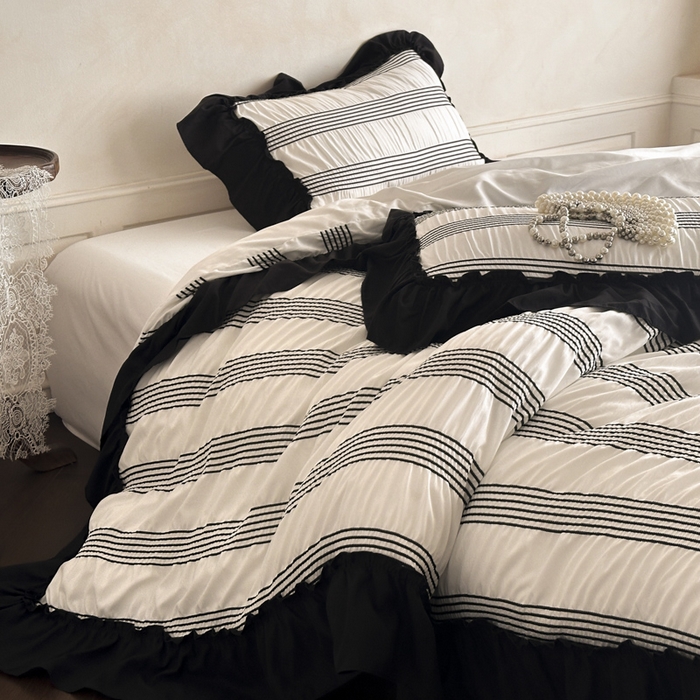 91家纺网 家纺一手货源 找家纺 （总）千希家纺 2025新款色织提花条纹泡泡纱四件套-莫奈庄园