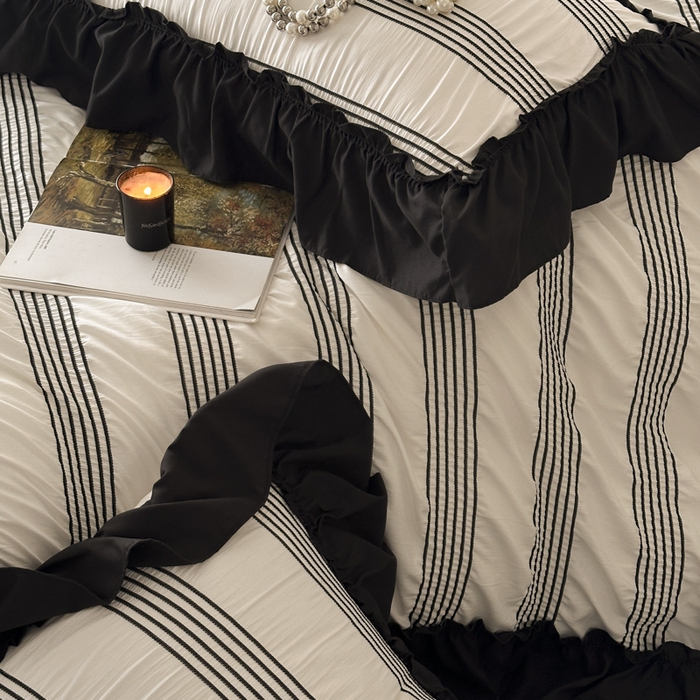 91家纺网 家纺一手货源 找家纺 （总）千希家纺 2025新款色织提花条纹泡泡纱四件套-莫奈庄园