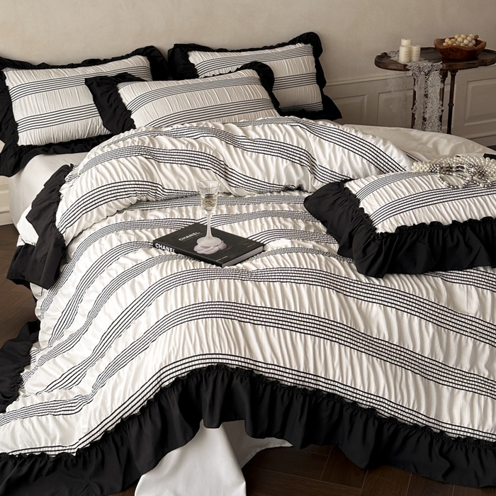 91家纺网 家纺一手货源 找家纺 （总）千希家纺 2025新款色织提花条纹泡泡纱四件套-莫奈庄园