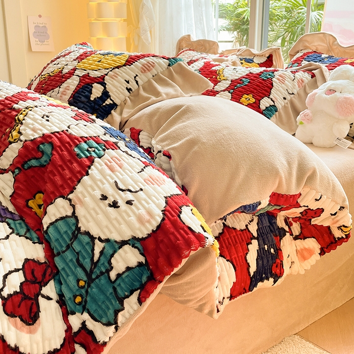 91家纺网 家纺一手货源 找家纺 （总）摩妮卡 2025新款提花豆豆绒卡通印花牛奶绒四件套