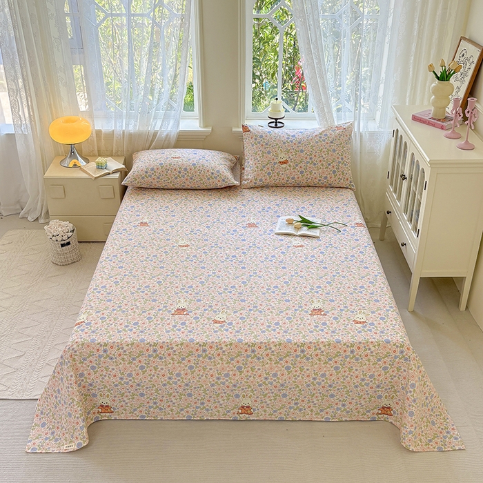 91家纺网 家纺一手货源 找家纺 青泽家纺 2025年新款老粗布床单原棉三枚缎卡老粗布凉席三件套亚麻棉麻床单枕套 繁花兔宝